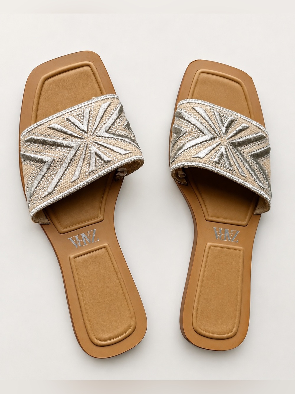 ZARA Tan Slide Sandals with Cream Beaded Strap